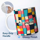 Personalized Custom Name Abstract Wavy Checkered Pattern Soft Pastel Color Blocks Seamless 11oz Ceramic Coffee Tea Mug White Large Handle