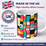 Personalized Custom Name Abstract Wavy Checkered Pattern Soft Pastel Color Blocks Seamless 11oz Ceramic Coffee Tea Mug White Large Handle