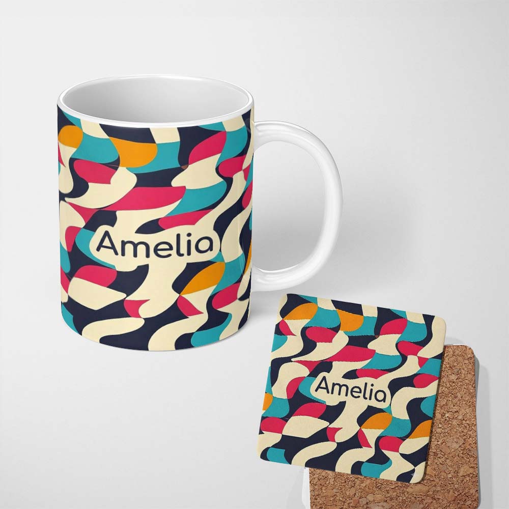 Personalized Custom Name Abstract Organic Flowing Shapes Vibrant Color Design Seamless 11oz Ceramic Coffee Tea Mug White Large Handle