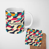 Personalized Custom Name Abstract Organic Flowing Shapes Vibrant Color Design Seamless 11oz Ceramic Coffee Tea Mug White Large Handle