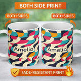Personalized Custom Name Abstract Organic Flowing Shapes Vibrant Color Design Seamless 11oz Ceramic Coffee Tea Mug White Large Handle