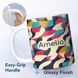 Personalized Custom Name Abstract Organic Flowing Shapes Vibrant Color Design Seamless 11oz Ceramic Coffee Tea Mug White Large Handle