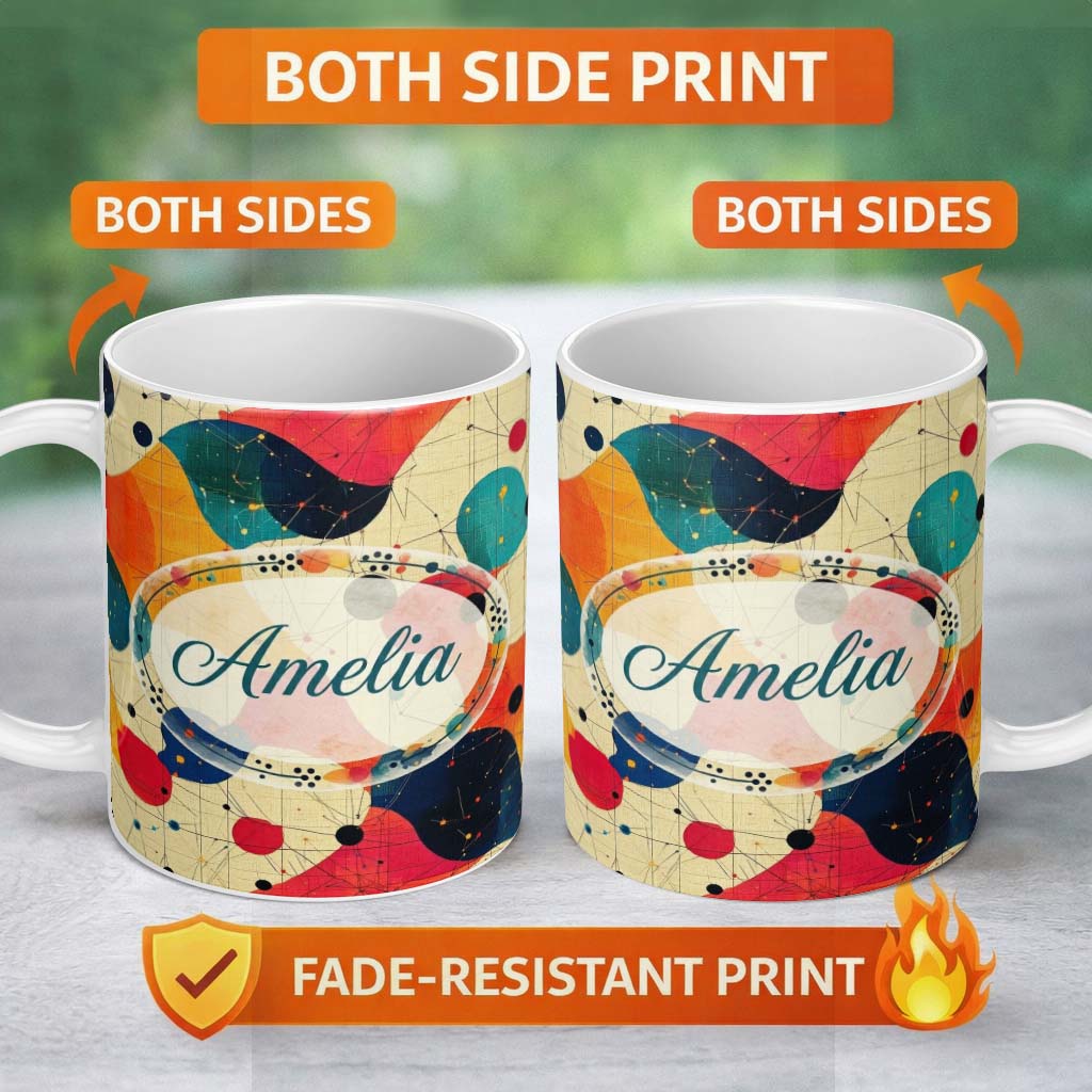Personalized Custom Name Abstract Artistic Paint Splash with Line Details Modern Seamless 11oz Ceramic Coffee Tea Mug White Large Handle