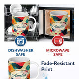 Personalized Custom Name Abstract Artistic Paint Splash with Line Details Modern Seamless 11oz Ceramic Coffee Tea Mug White Large Handle