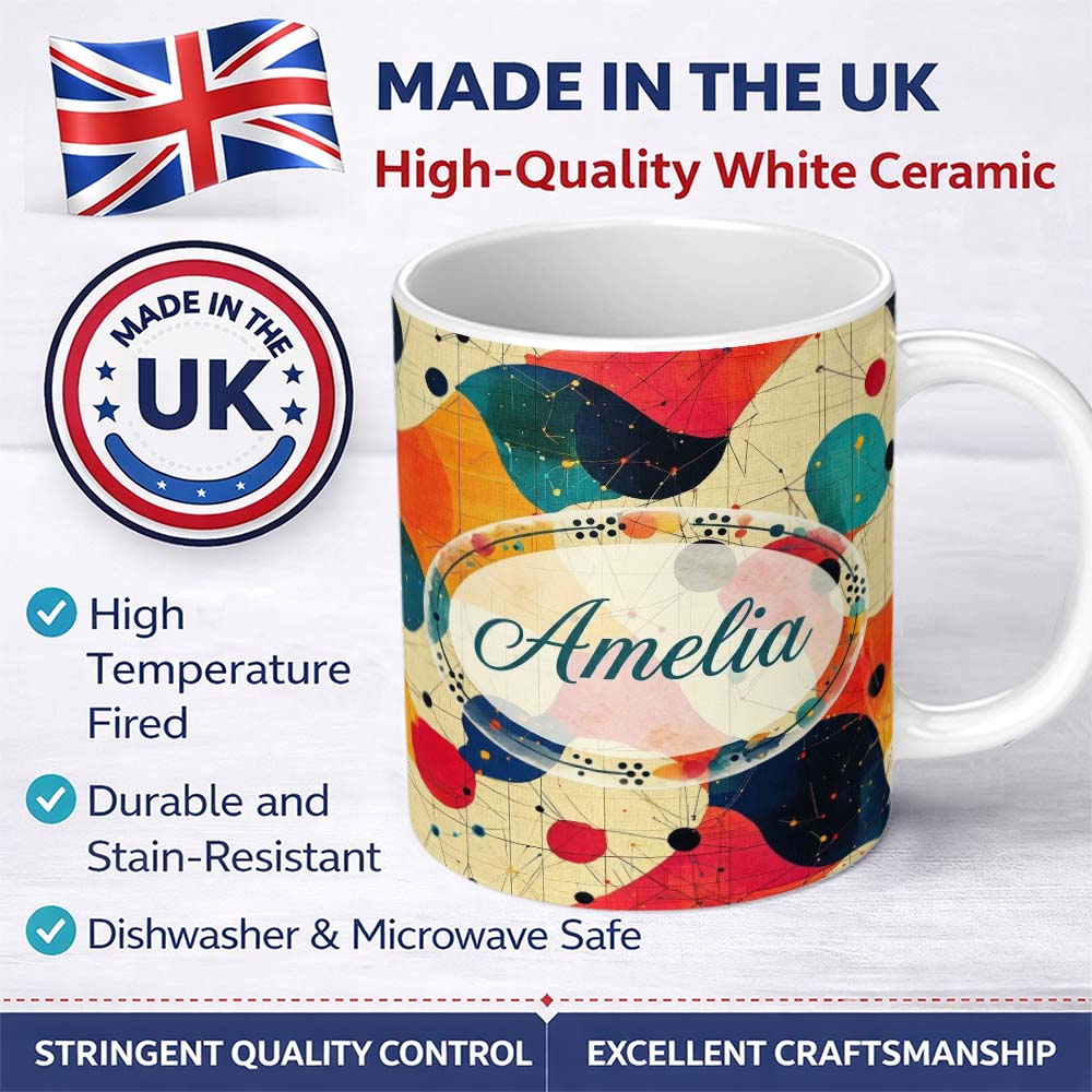 Personalized Custom Name Abstract Artistic Paint Splash with Line Details Modern Seamless 11oz Ceramic Coffee Tea Mug White Large Handle