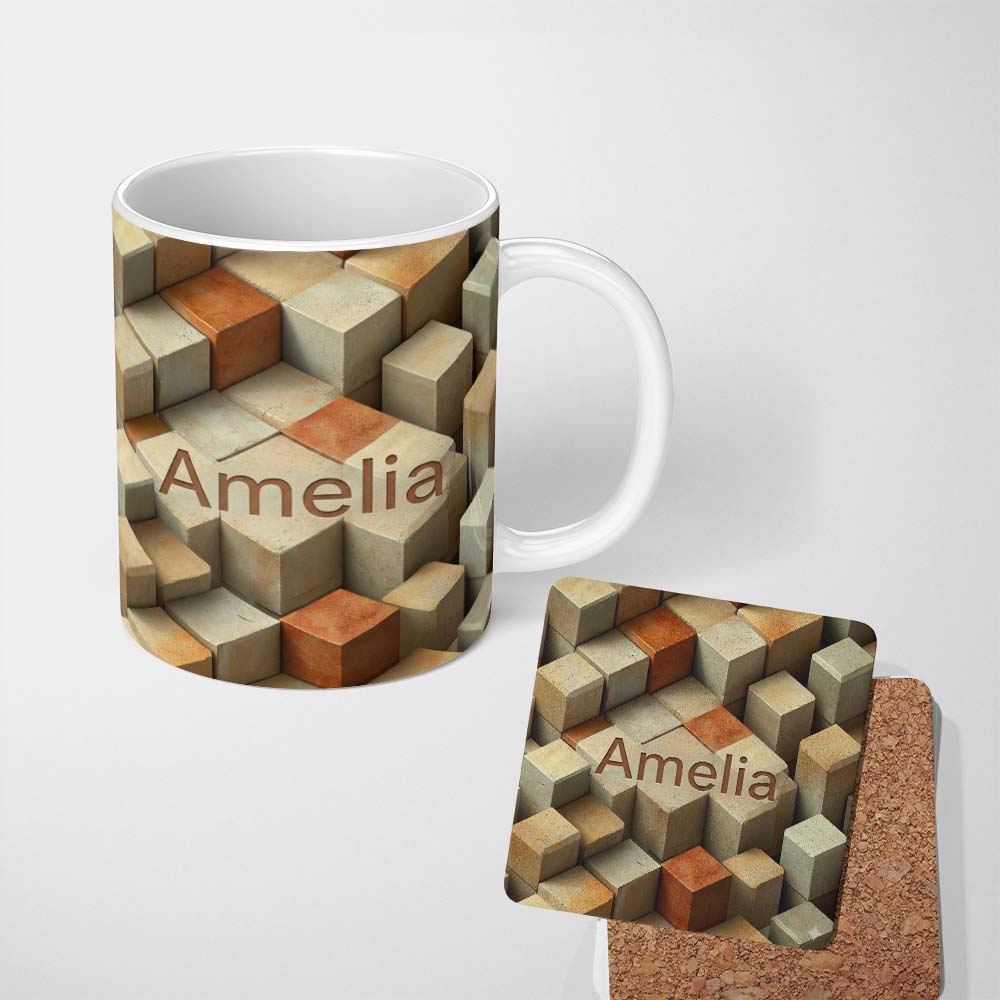 Personalized Custom Name 3D Stone Cube Texture Neutral Earth Tone Blocks Seamless Pattern 11oz Ceramic Coffee Tea Mug White Large Handle