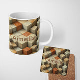 Personalized Custom Name 3D Stone Cube Texture Neutral Earth Tone Blocks Seamless Pattern 11oz Ceramic Coffee Tea Mug White Large Handle