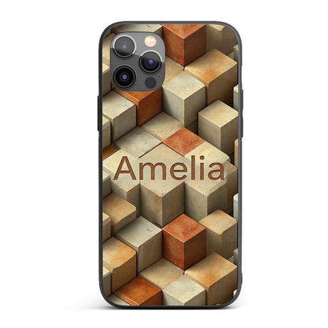 3D Stone Cube Texture Neutral Earth Tone Blocks Custom Name Protective Phone Case Mobile Cover Durable Everyday Smartphone Shock Resistant