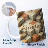 Personalized Custom Name 3D Stone Cube Texture Neutral Earth Tone Blocks Seamless Pattern 11oz Ceramic Coffee Tea Mug White Large Handle