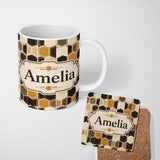Personalized Custom Name Geometric Hexagon Honeycomb Pattern Neutral Brown Tones Seamless 11oz Ceramic Coffee Tea Mug White Large Handle