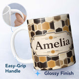 Personalized Custom Name Geometric Hexagon Honeycomb Pattern Neutral Brown Tones Seamless 11oz Ceramic Coffee Tea Mug White Large Handle
