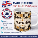 Personalized Custom Name Geometric Hexagon Honeycomb Pattern Neutral Brown Tones Seamless 11oz Ceramic Coffee Tea Mug White Large Handle