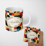 Personalized Custom Name Abstract Patchwork Blocks Warm Bold Colors Seamless Pattern Name 11oz Ceramic Coffee Tea Mug White Large Handle