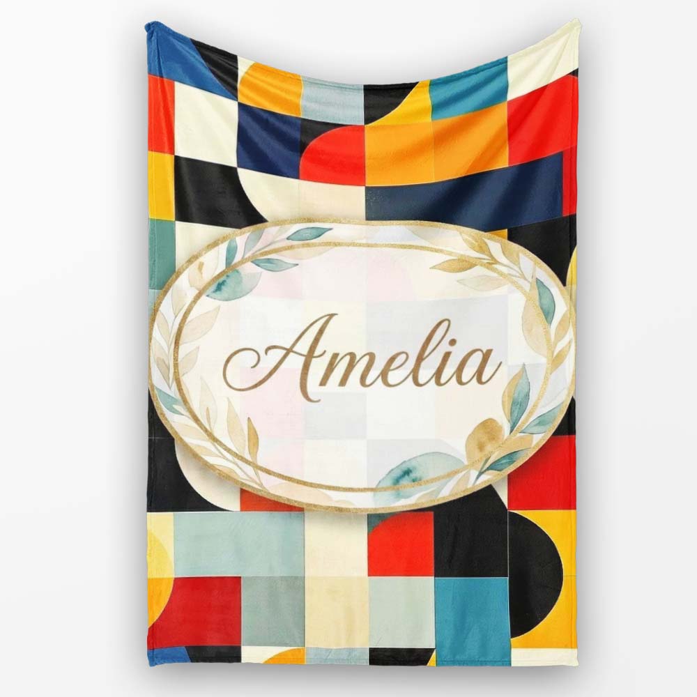 Abstract Patchwork Blocks Warm Bold Colors Seamless Pattern Name  Personalised Custom Name Super Soft Fleece Blanket Bed Sofa Throw