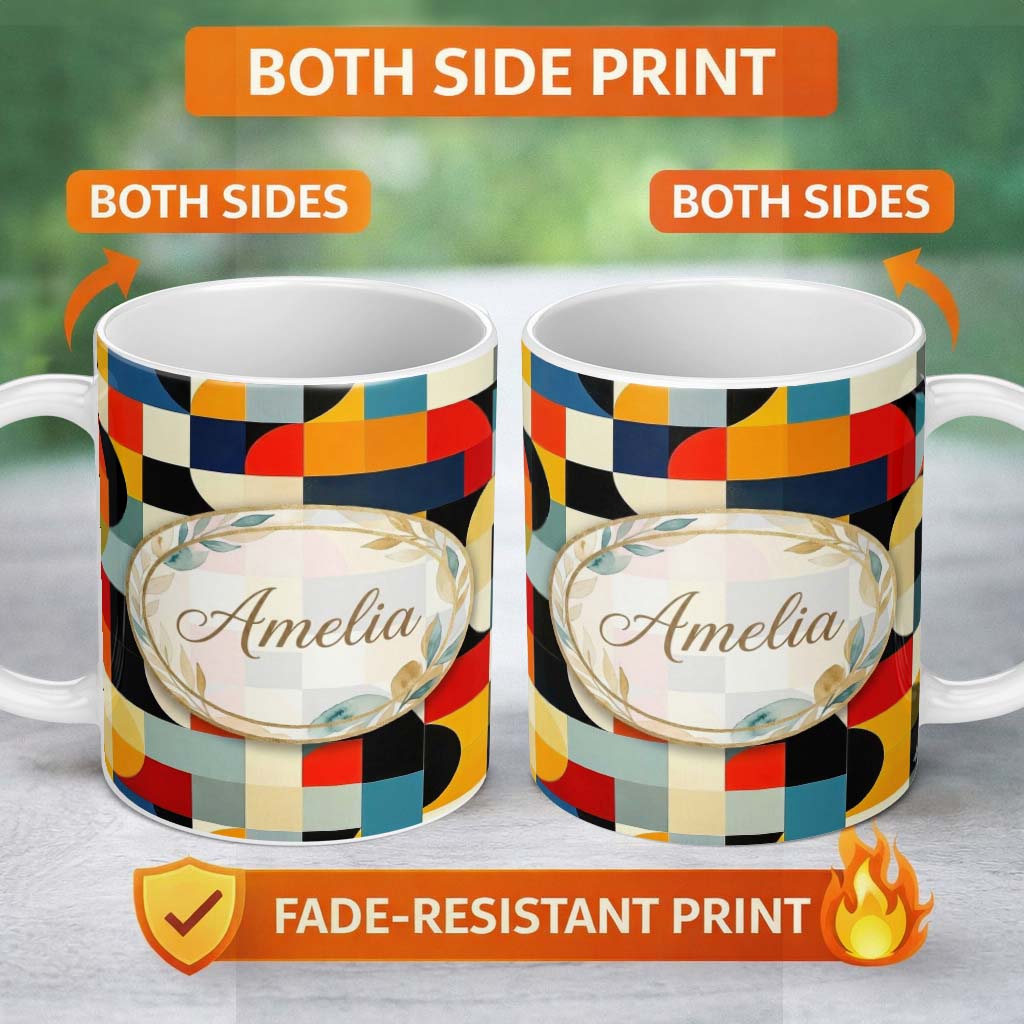 Personalized Custom Name Abstract Patchwork Blocks Warm Bold Colors Seamless Pattern Name 11oz Ceramic Coffee Tea Mug White Large Handle