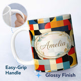 Personalized Custom Name Abstract Patchwork Blocks Warm Bold Colors Seamless Pattern Name 11oz Ceramic Coffee Tea Mug White Large Handle