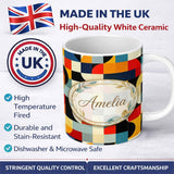 Personalized Custom Name Abstract Patchwork Blocks Warm Bold Colors Seamless Pattern Name 11oz Ceramic Coffee Tea Mug White Large Handle