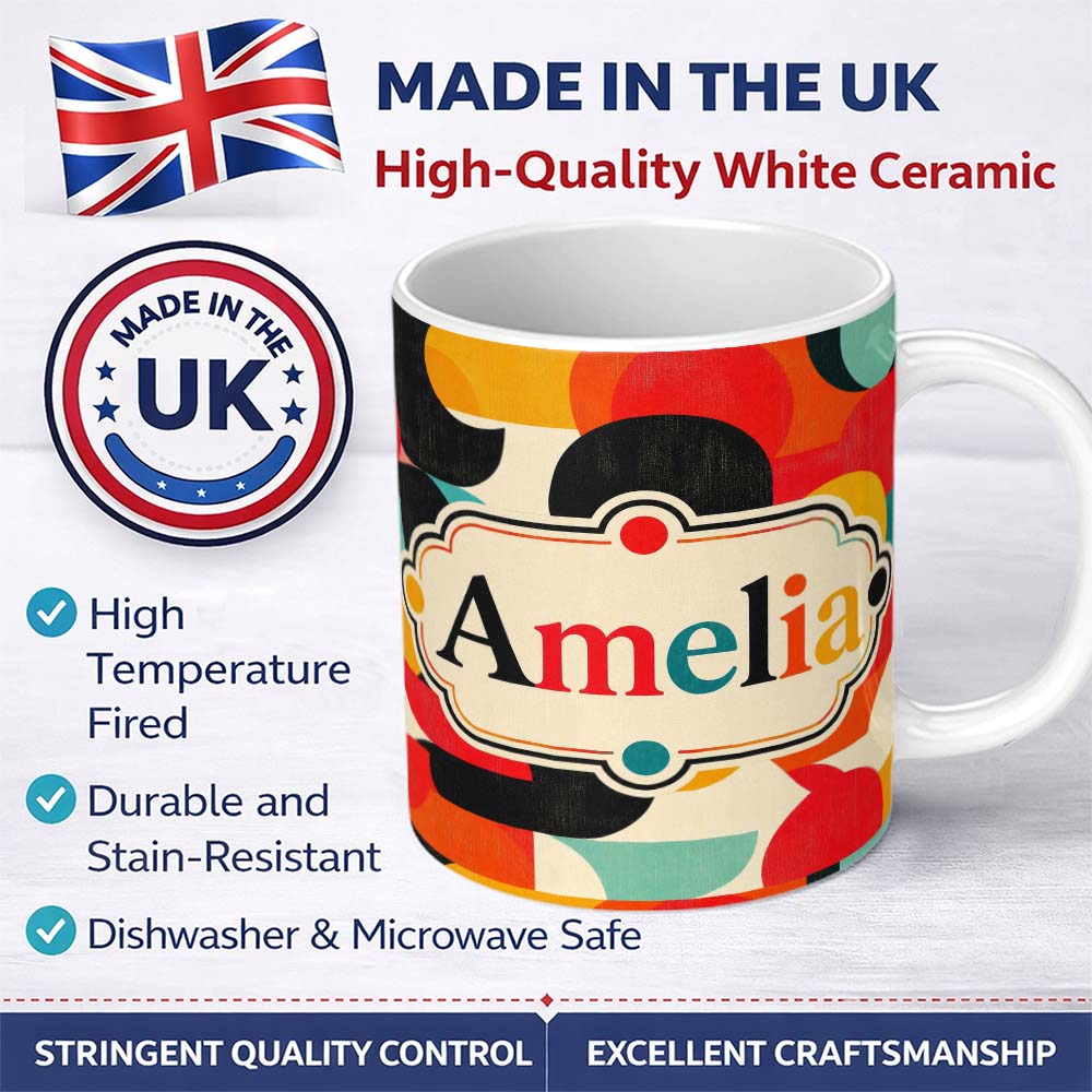 Personalized Custom Name Abstract Polygon Mosaic Bright Vibrant Color Shapes Seamless 11oz Ceramic Coffee Tea Mug White Large Handle
