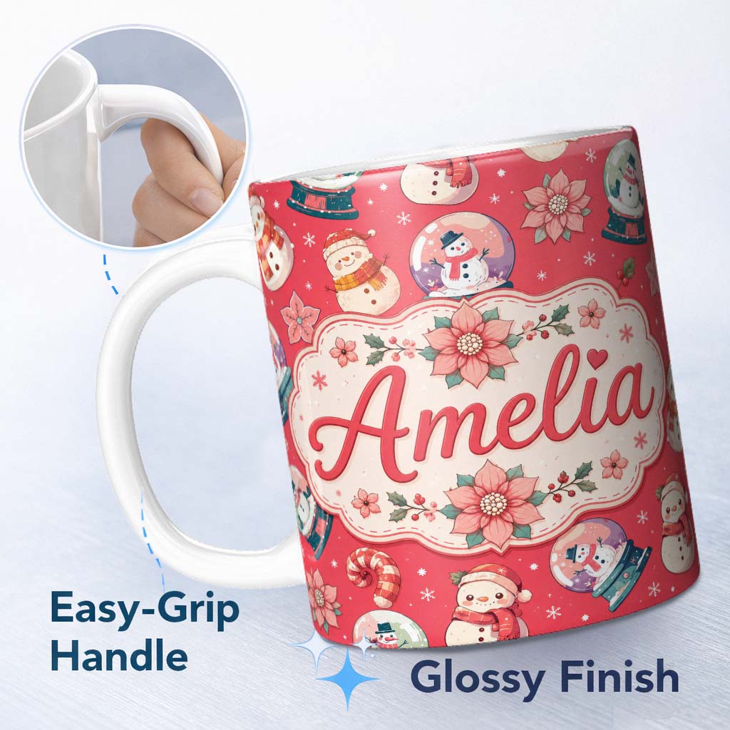 Personalized Custom Name Cute Snowman Snow Globe Poinsettia Flower Christmas Pattern Red 11oz Ceramic Coffee Tea Mug White Large Handle