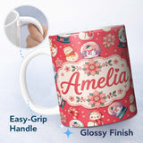 Personalized Custom Name Cute Snowman Snow Globe Poinsettia Flower Christmas Pattern Red 11oz Ceramic Coffee Tea Mug White Large Handle