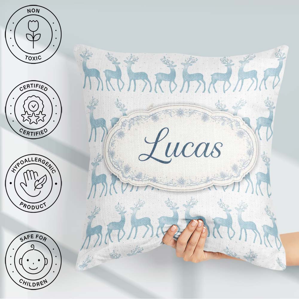 Custom Name Glitter Reindeer Christmas White Background Seamless Square Filled Cushion Throw Pillow Sofa Bed Home Decor Zip Washable UK Made
