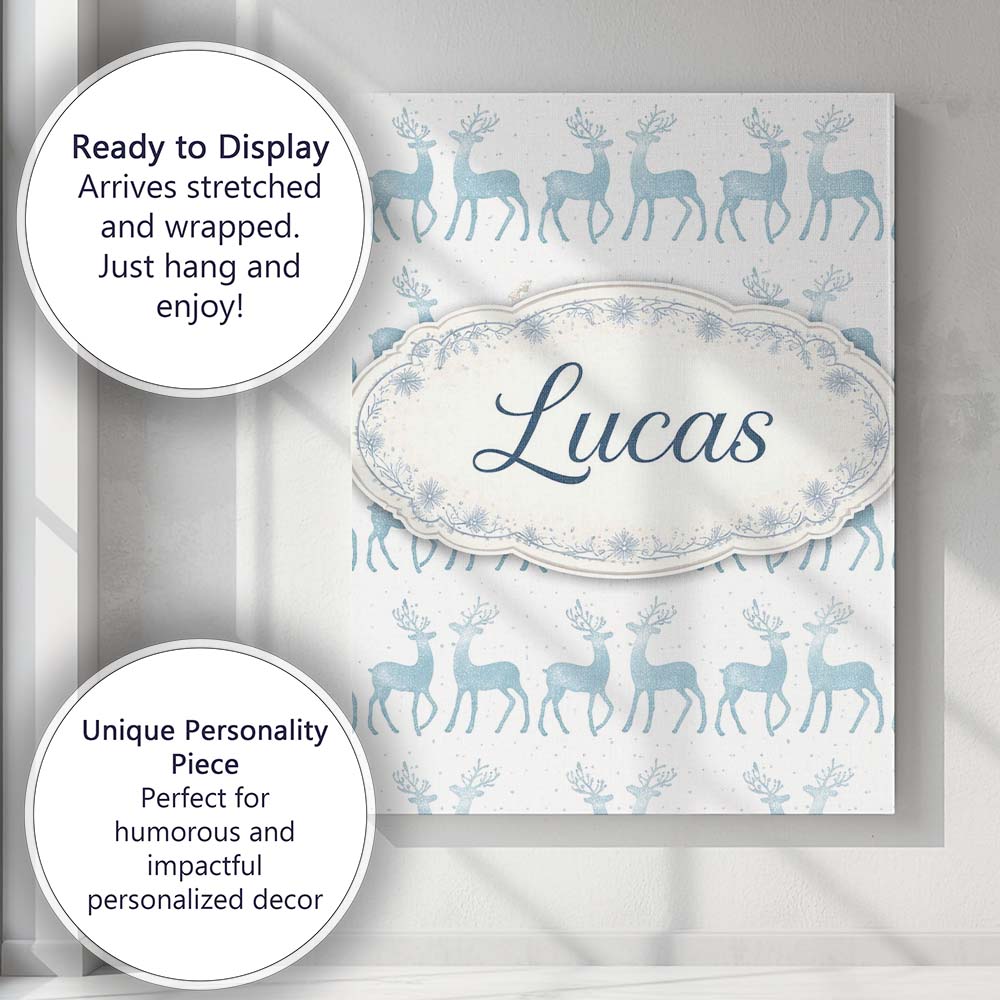 Personalised Name Blue Glitter Reindeer Christmas White Background Custom  Unique Canvas Wall Art Print Decor Picture Ready to Hang