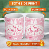 Personalized Custom Name Cute Pink Winter Forest Deer Tree Seamless Pattern Cute Unique Gift 11oz Ceramic Coffee Tea Mug White Large Handle
