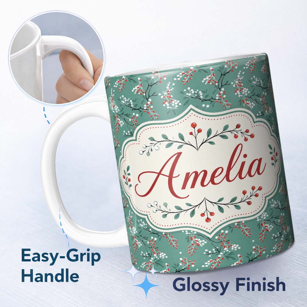 Personalized Custom Name Festive Green Background Red and White Berry Branches Pattern Lovely 11oz Ceramic Coffee Tea Mug White Large Handle
