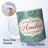 Personalized Custom Name Festive Green Background Red and White Berry Branches Pattern Lovely 11oz Ceramic Coffee Tea Mug White Large Handle