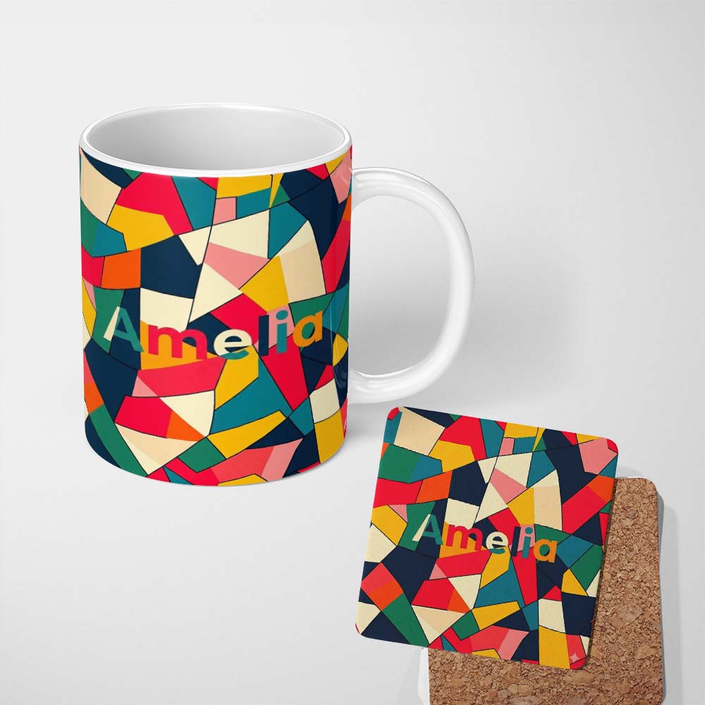 Personalized Custom Name Abstract Mid Century Curved Shapes Distressed Texture Seamless 11oz Ceramic Coffee Tea Mug White Large Handle