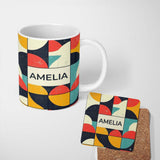 Personalized Custom Name Abstract Organic Rounded Shapes Bold Color Style Seamless Pattern 11oz Ceramic Coffee Tea Mug White Large Handle