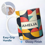 Personalized Custom Name Abstract Organic Rounded Shapes Bold Color Style Seamless Pattern 11oz Ceramic Coffee Tea Mug White Large Handle