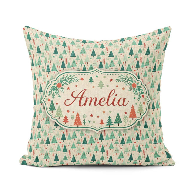 Custom Name Dense Christmas Trees Green Seamless Pattern Lovely Square Filled Cushion Throw Pillow Sofa Bed Home Decor Zip Washable UK Made