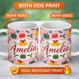 Personalized Custom Name Cute Christmas Bells Baubles Holly Gift Seamless Pattern Lovely 11oz Ceramic Coffee Tea Mug White Large Handle