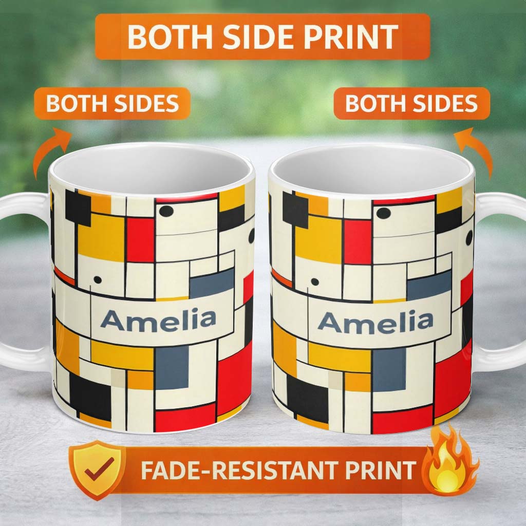 Personalized Custom Name Abstract Minimal Grid Geometric Blocks Modern Color Layout Seamless 11oz Ceramic Coffee Tea Mug White Large Handle