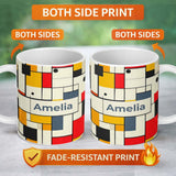Personalized Custom Name Abstract Minimal Grid Geometric Blocks Modern Color Layout Seamless 11oz Ceramic Coffee Tea Mug White Large Handle