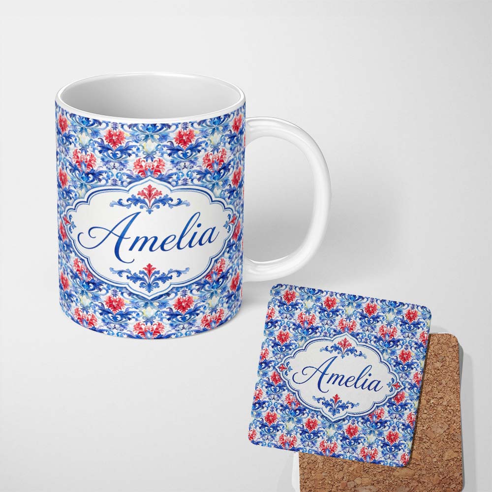 Personalized Custom Name Elegant Blue and Red Watercolor Floral Damask Seamless Pattern 11oz Ceramic Coffee Tea Mug White Large Handle