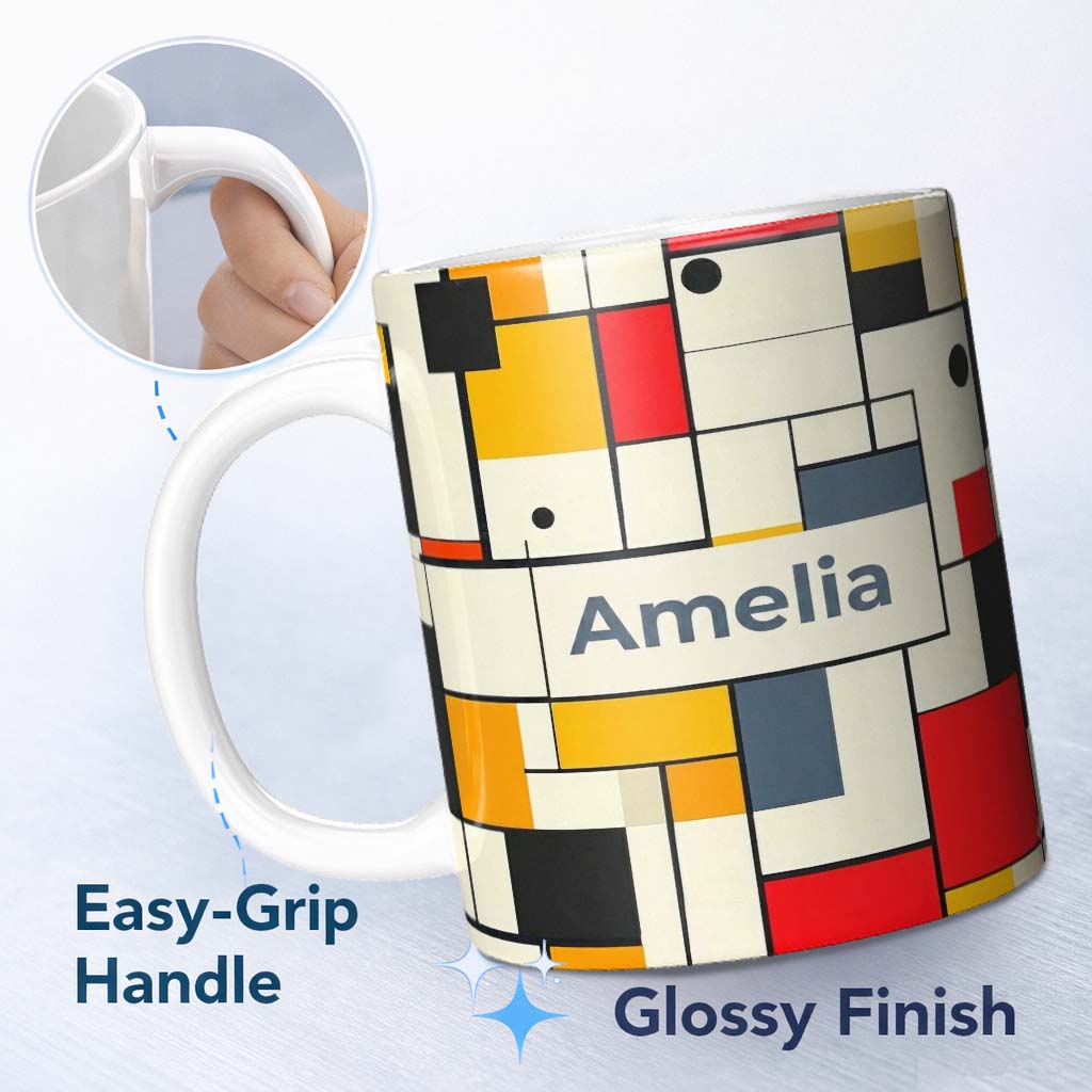 Personalized Custom Name Abstract Minimal Grid Geometric Blocks Modern Color Layout Seamless 11oz Ceramic Coffee Tea Mug White Large Handle