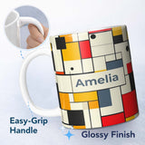 Personalized Custom Name Abstract Minimal Grid Geometric Blocks Modern Color Layout Seamless 11oz Ceramic Coffee Tea Mug White Large Handle
