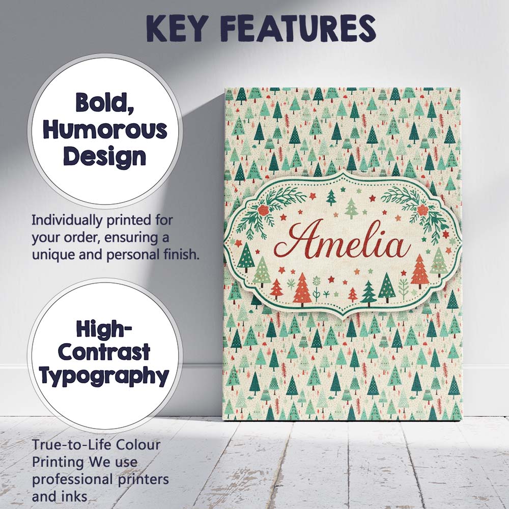 Personalised Name Dense Scandinavian Christmas Trees Green Seamless Custom Canvas Wall Art Print Decor Picture Ready to Hang