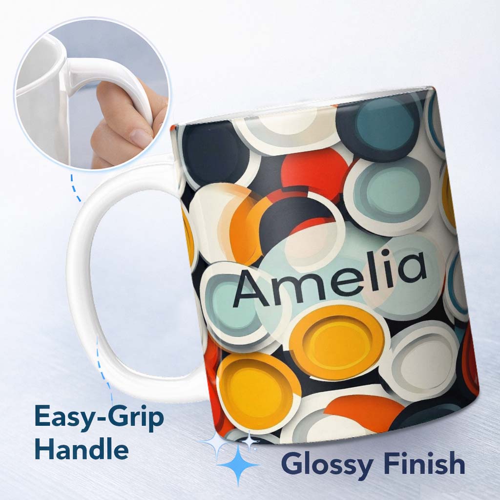 Personalized Custom Name Abstract 3D Circular Layers Soft Gradient Modern Pattern Seamless 11oz Ceramic Coffee Tea Mug White Large Handle