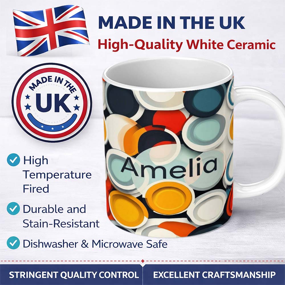 Personalized Custom Name Abstract 3D Circular Layers Soft Gradient Modern Pattern Seamless 11oz Ceramic Coffee Tea Mug White Large Handle