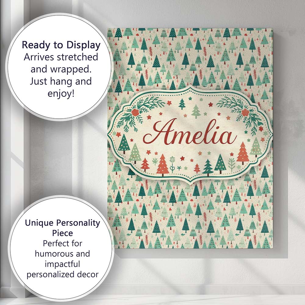 Personalised Name Dense Scandinavian Christmas Trees Green Seamless Custom Canvas Wall Art Print Decor Picture Ready to Hang