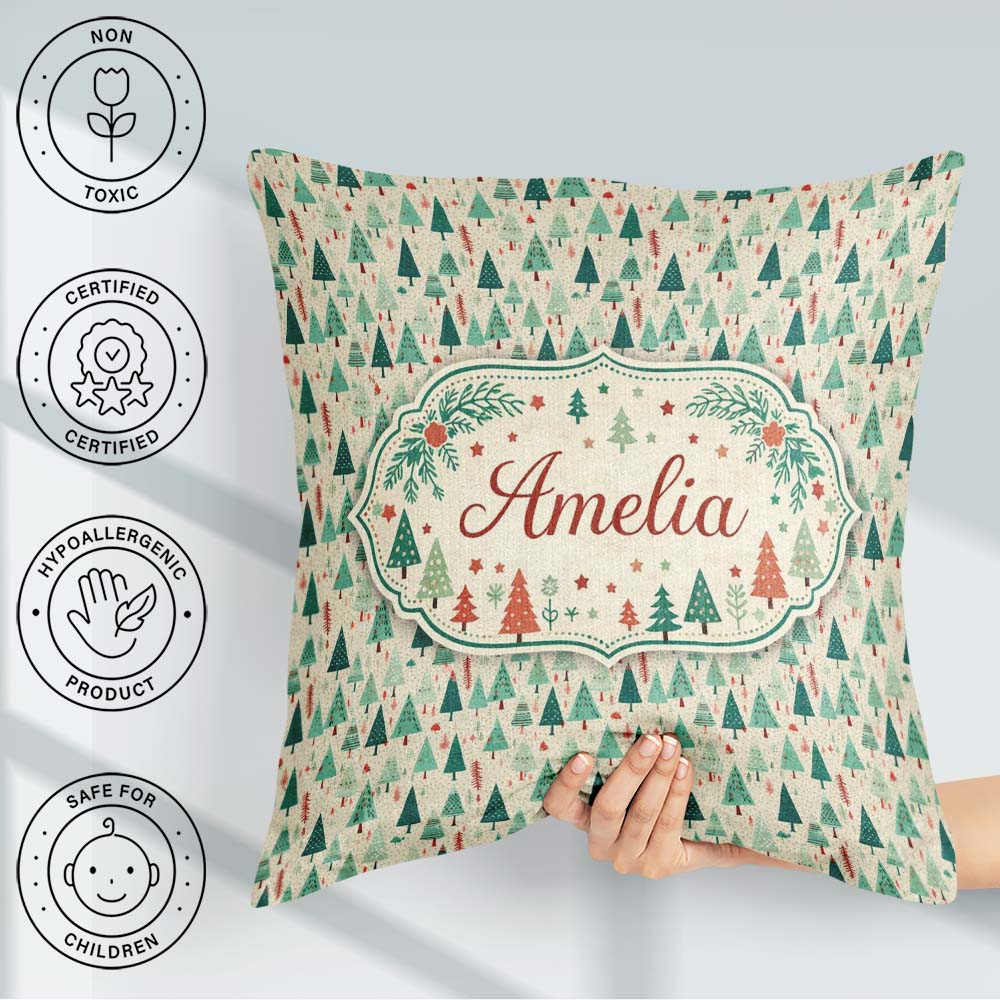 Custom Name Dense Christmas Trees Green Seamless Pattern Lovely Square Filled Cushion Throw Pillow Sofa Bed Home Decor Zip Washable UK Made