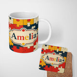 Personalized Custom Name Colorful Puzzle Pieces Interlocking Shapes Fun Style Seamless 11oz Ceramic Coffee Tea Mug White Large Handle