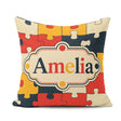 Custom Name Colorful Puzzle Pieces Interlocking Shapes Fun Style Square Filled Cushion Throw Pillow Sofa Bed Home Decor Zip Washable UK Made