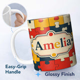 Personalized Custom Name Colorful Puzzle Pieces Interlocking Shapes Fun Style Seamless 11oz Ceramic Coffee Tea Mug White Large Handle