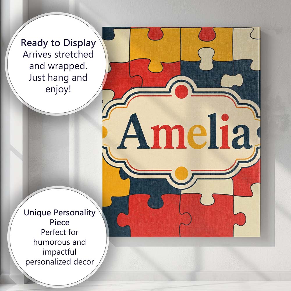 Personalised Name Colorful Puzzle Pieces Custom  Unique Gift Idea Elegant Feature Canvas Wall Art Print Decor Picture Ready to Hang