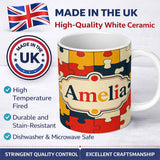 Personalized Custom Name Colorful Puzzle Pieces Interlocking Shapes Fun Style Seamless 11oz Ceramic Coffee Tea Mug White Large Handle