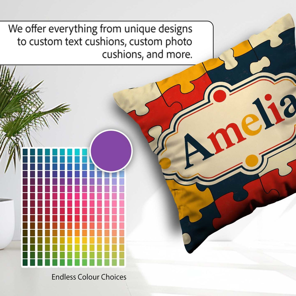 Custom Name Colorful Puzzle Pieces Interlocking Shapes Fun Style Square Filled Cushion Throw Pillow Sofa Bed Home Decor Zip Washable UK Made